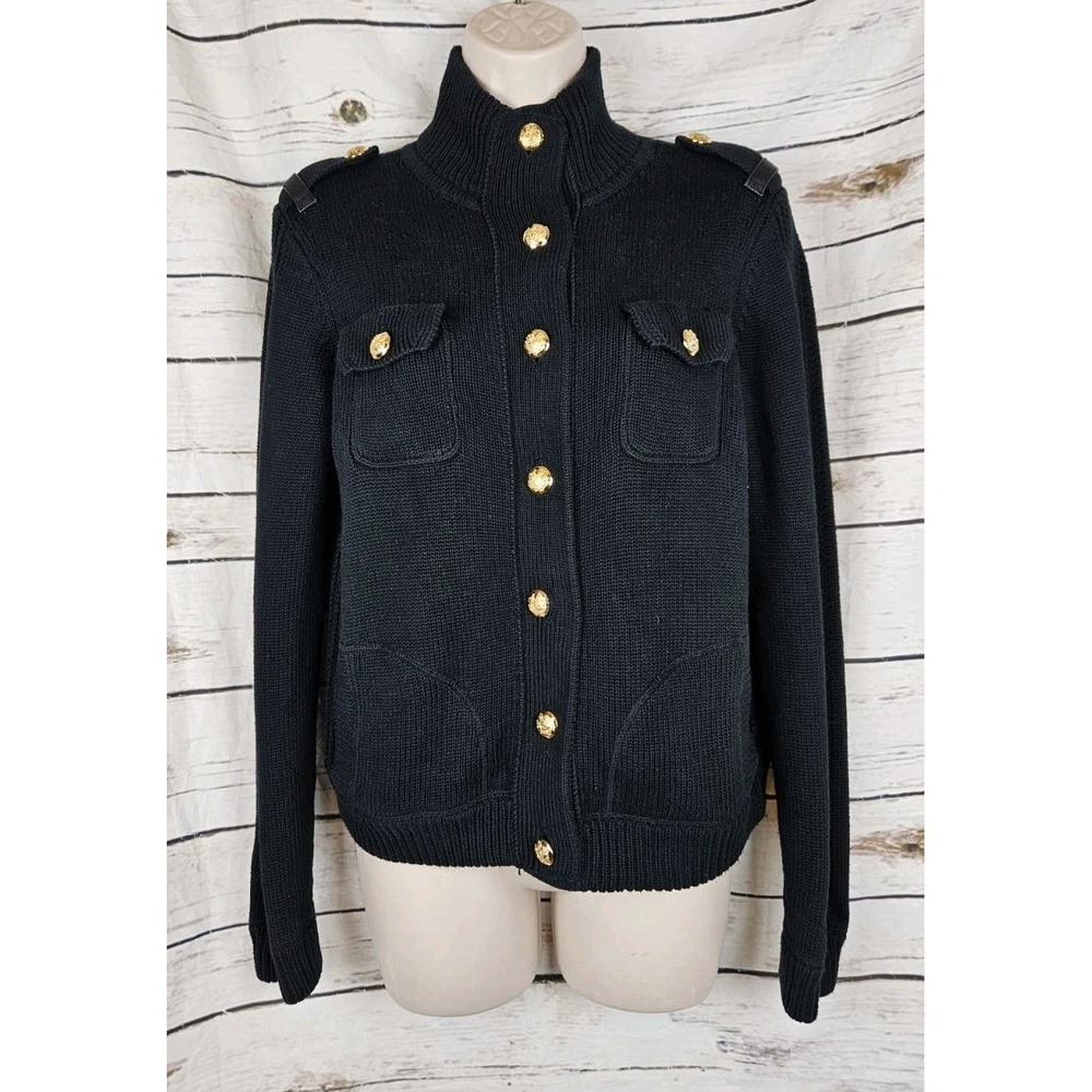Ralph Lauren Black Military Sweater Cardigan S/M Gold Buttons Cotton Leather